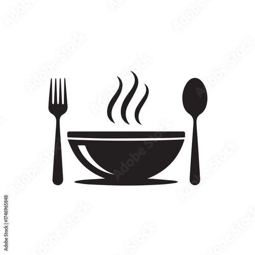 Vector art of a black silhouette of a steaming bowl of soup or stew, with a fork on the left and a spoon on the right, isolated on a