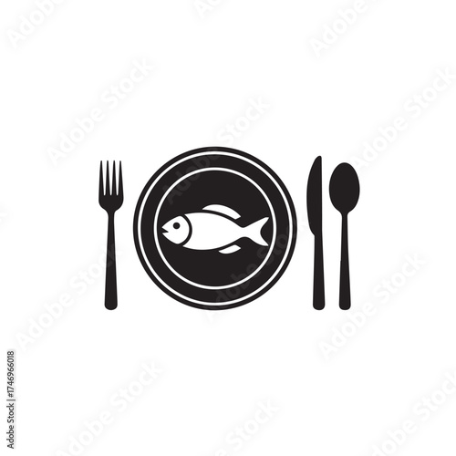 Vector art of a black and white illustration of a fish on a plate with cutlery, isolated on a