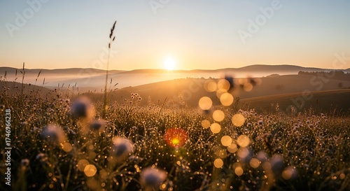 Fototapeta Naklejka Na Ścianę i Meble -  Dreamy sunrise over misty hills with wildflowers in morning dew, a perfect summer landscape scene