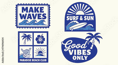 Vector art of set of blue summer surfing badges on features waves, surfboards, palm trees, and good vibes for a fun and relaxing beach vacation