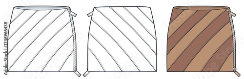 Low rise leather Skirt with diagonal panels and side zipper fashion flat sketch. Mini Skirt fashion flat technical drawing template, front and back view, white, brown, women CAD mockup set.
