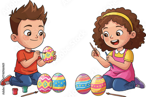 Happy kids painting colorful Easter eggs, children doing creative holiday art, spring celebration, family fun, cheerful festive design and decoration