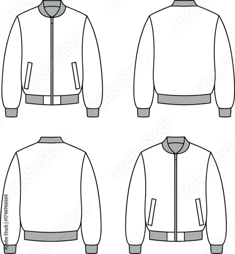 Jacket Bomber Cropped Fashion Apparel Garment Outerwear Clothing Illustration Sketch Design Technical Flat Drawing Template Vector Outline Collar Zipper Pockets Cuffs Hem Ribbed