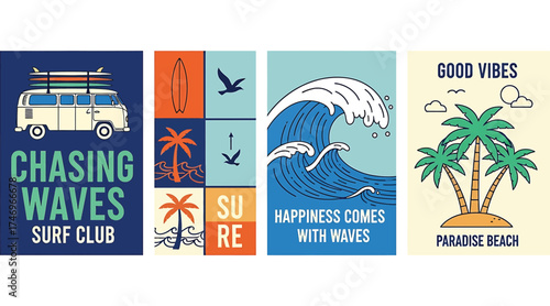 Vector art of set of summer surfing graphics on features a van with surfboards, palm trees, waves, and good vibes for a fun and relaxing beach vacation