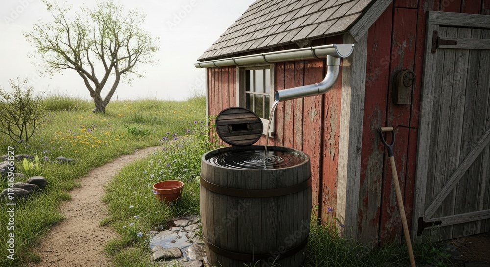 Obraz premium Water barrel with rainwater collector beside rustic barn