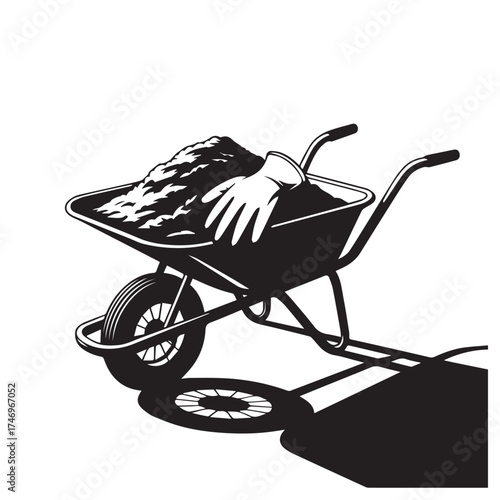 Vector art of black and white illustration of a wheelbarrow filled with soil and a gardening glove