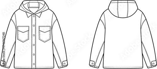 Hooded shirt jacket flat sketch with button front placket, chest flap pockets, collar, cuffed sleeves, seam details, apparel design illustration