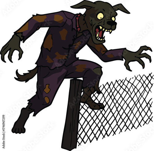 Cartoon werewolf creature leaping over chain link fence, humanoid wolf monster in tattered clothes, horror folklore transformation, spooky Halloween fantasy character design