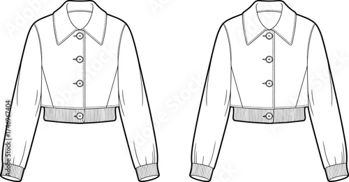 Jacket Cropped Buttoned Collar Longsleeve Ribbed Cuffs Waistband Apparel Clothing Fashion Outfit Garment Textile Illustration Drawing Design Casual Women Stylish Modern Outerwear Layered