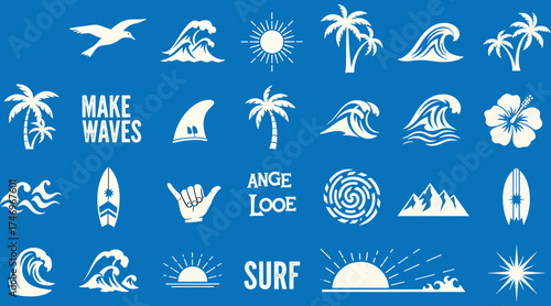 Vector art of a collection of white surfing themed vector illustrations on a blue background, featuring waves, palm trees, and surfboards, perfect for beach vibes and summer aesthetics