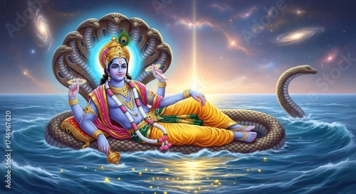 Lord vishnu reclining on shesha naga in cosmic ocean, hindu preserver god with goddess lakshmi, divine mythological scene with glowing aura and sacred serpent in spiritual universe