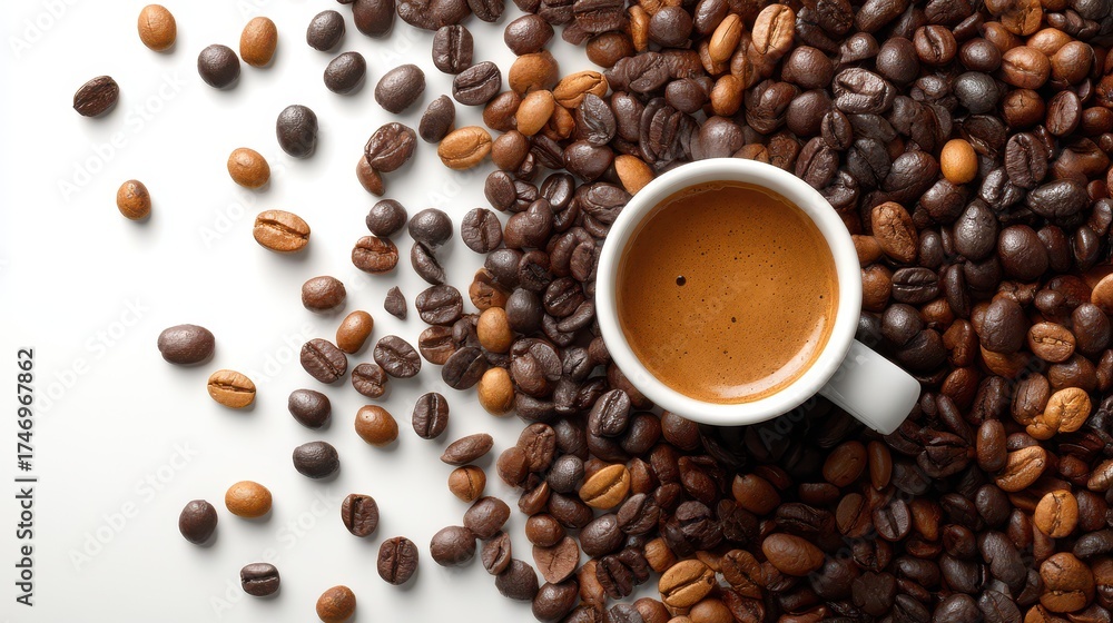 Naklejka premium Fresh espresso coffee in white cup surrounded by roasted coffee beans showing different roast levels. Perfect crema on top, professional coffee brewing concept