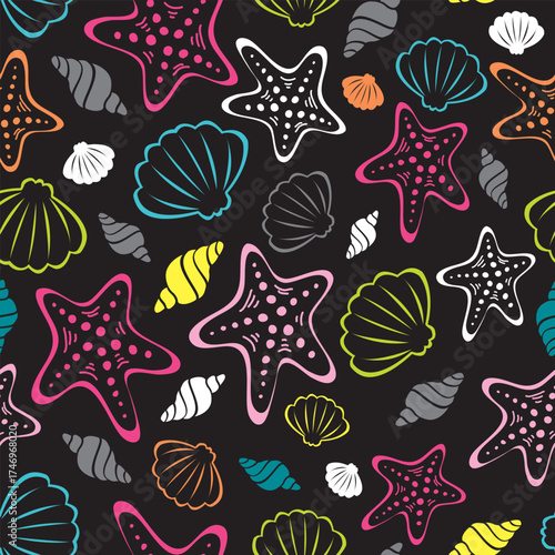 Seamless seashell vector pattern. Repeating print with a variety of colorful mollusk, clam and scallop shells and star fish on a black background. Apparel graphic artwork.
