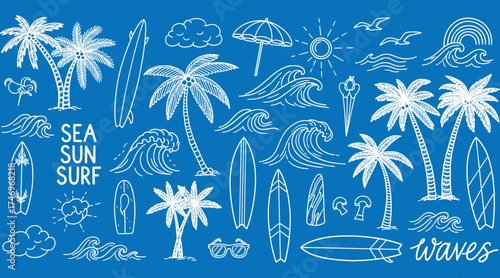 Vector art of handdrawn summer beach scene with palm trees, surfboards, waves, and sun, capturing the essence of a tropical vacation and the joy of surfing on a vibrant blue background