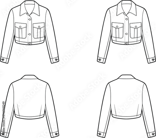 Jacket Cropped Fashion Apparel Garment Outerwear Clothing Illustration Sketch Design Technical Flat Drawing Template Vector Outline Collar Pockets Buttons Cuffs Hem Waistband