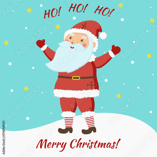 Greeting card with Santa Claus, hand drawn, Merry Christmas, Christmas, New Year, winter, snow