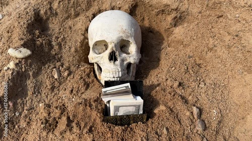 Skull at Treasure Chest Filled With Rolled Cash Discovered. Human skull with treasure chest buried in sand, revealing bundles of Dollars Cash. Hide money. Skeleton of treasure hunter with money.