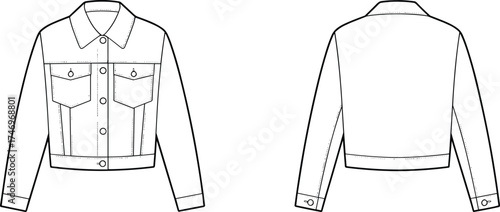 Jacket Denim Cropped Fashion Apparel Garment Outerwear Clothing Illustration Sketch Design Technical Flat Drawing Template Vector Outline Collar Pockets Buttons Cuffs WaistbandJacket Denim 