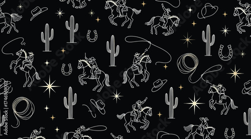 Vector art of seamless pattern featuring cowboys riding horses, cacti, horseshoes, and stars on a, perfect for westernthemed designs and textiles