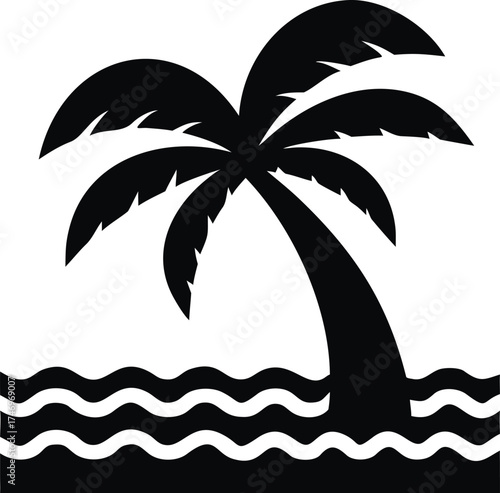 Tropical palm tree leaning over a sandy beach with gentle ocean waves and blue sky isolated on white background isolated on transparent background