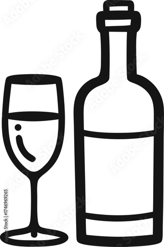 Clean Bar Style Hand Drawn Wine Bottle and Glass
