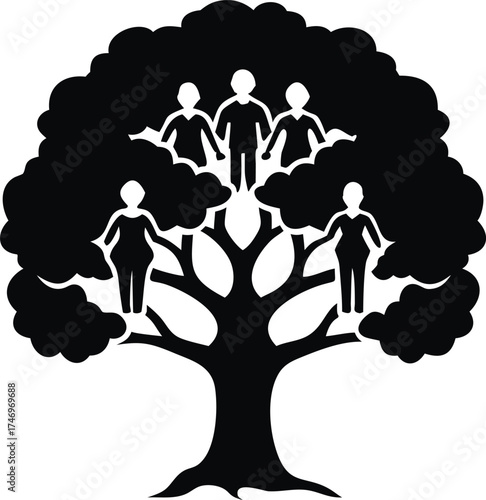 Family tree silhouette design with interconnected figures and leaf motifs isolated on white background isolated on transparent background