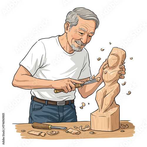 Hand Made Senior man carving wood sculpture using chisel and mallet vector illustration on white background