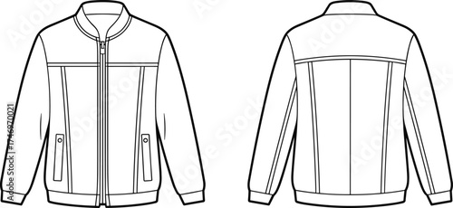 Jacket fashion flat sketch with stand collar, zipper front, ribbed cuffs and hem, zip pockets, front and back apparel illustration