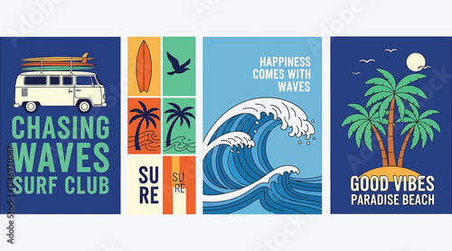Vector art of vintage summer posters featuring a vw bus with surfboards, palm trees, waves, and beach scenes, evoking a retro surf club vibe with typography like chasing waves and good vibes