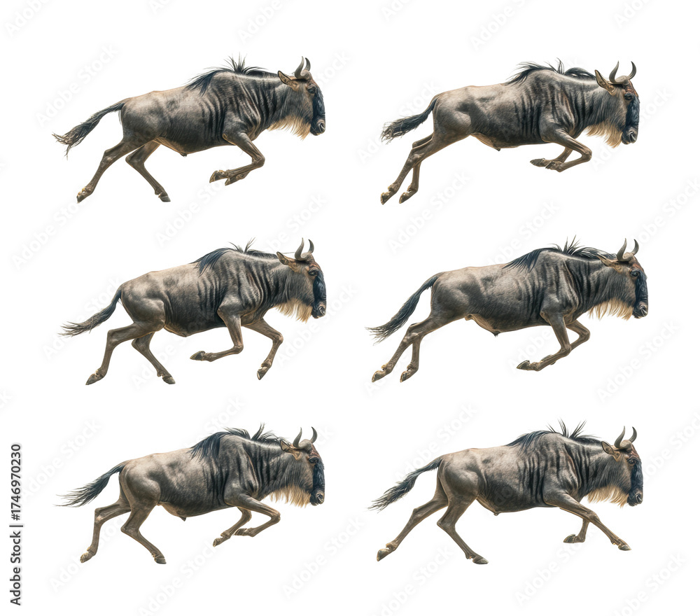 Fototapeta premium Wildebeest running in nature animal grassland scene isolated on transparent background