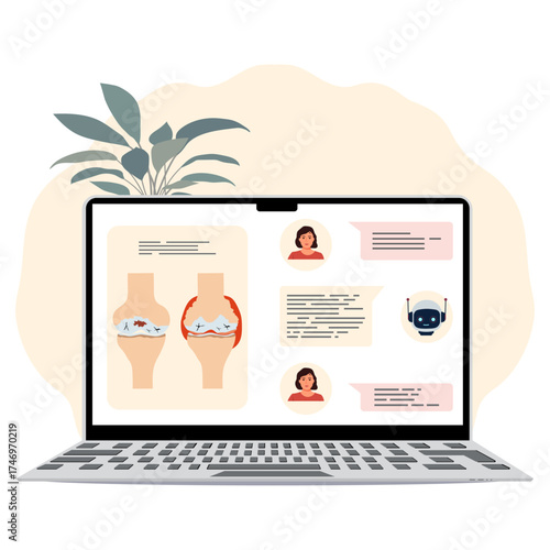 Online medical consultation concept showing chat interface and knee pain illustration on laptop