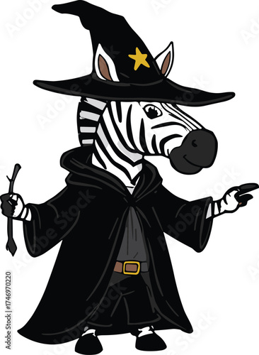 Cartoon zebra wizard wearing black robe and star hat, holding wand, magical fantasy animal character illustration, whimsical sorcerer costume artwork design