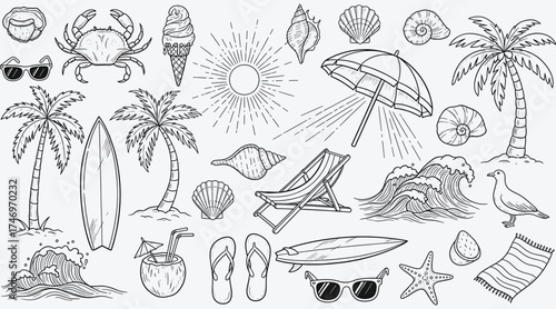 Vector art of detailed line art illustration showcasing a beach scene with palm trees, surfboards, seashells, a crab, sunglasses, and a beach umbrella, perfect for summer designs