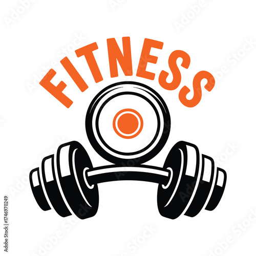 Orange fitness text above black barbell with orange center weight vector
