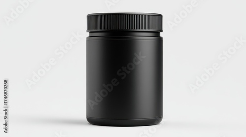 Minimalist black matte supplement jar with ribbed lid on neutral background, perfect for protein powder packaging or cosmetic container product mockup