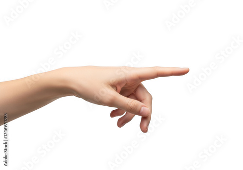 A human hand with the index finger pointing to the right, isolated on transparent background