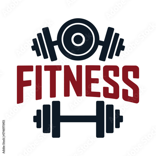 Red and dark blue fitness text with dumbbells and barbell graphic workout exercise