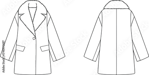 Long coat fashion flat sketch with wide lapel collar, fur trim, button closure, flap pockets, front and back apparel design illustration