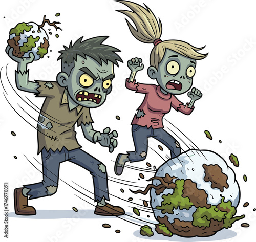 Zombie snowball fight, cartoon undead, winter fun, playful horror, stylized illustration, dirt snowball, motion scene, creepy humor, dynamic characters, snowy battle