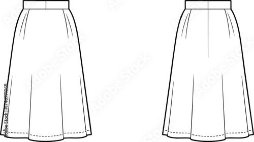 Long pleated skirts fashion illustration with waistband and panel seams, technical apparel drawing for clothing design, textile catalog, garment construction reference