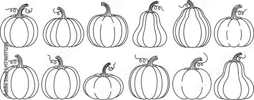 Outline pumpkin icons in various shapes and styles, ideal for coloring pages, DIY crafts, or Halloween carving templates