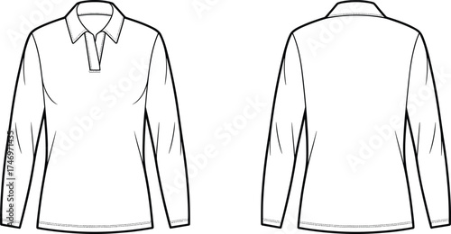Long sleeve polo shirt flat sketch with classic collar, button placket, straight hemline, simple cuffs, front and back apparel illustration