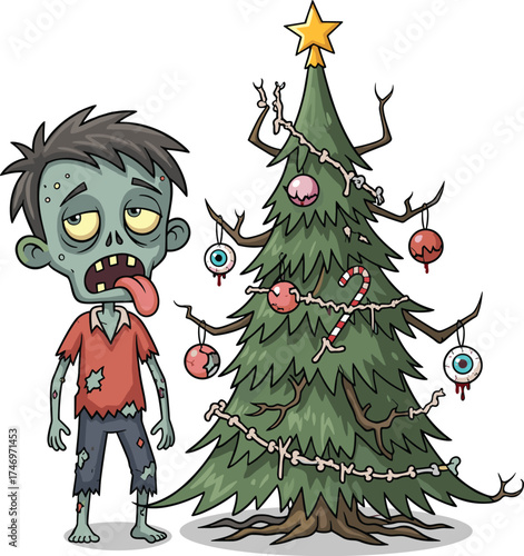 Zombie with Christmas tree, cartoon horror, festive mashup, creepy decorations, eyeball ornaments, holiday chaos, stylized illustration, funny undead, spooky celebration