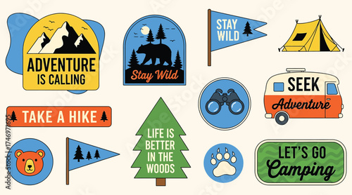 Vector art of collection of camping and outdoor adventure themed stickers includes bear, tent, mountains, trees, binoculars, and various inspirational quotes and sayings