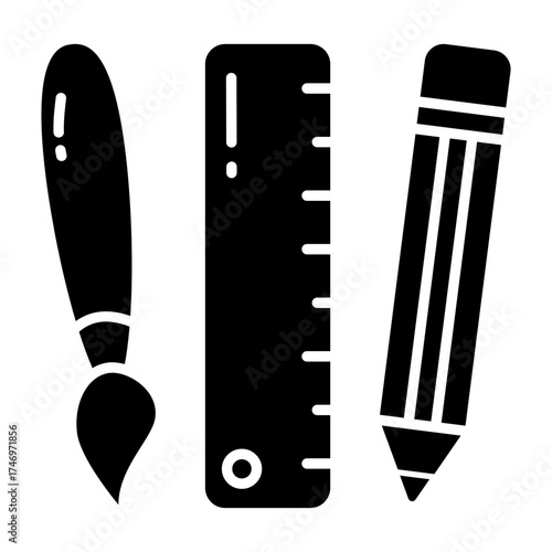 Pencil with brush and scale, icon of design tools