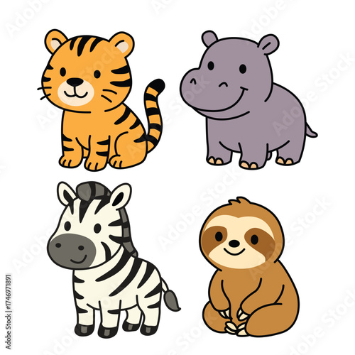 vector; illustration; cartoon; animal; kawaii; cute; tiger; hippopotamus; zebra; sloth; character; smile; children; kids; playful; adorable; happy; set; colorful; friendly; cheerful; design; drawing; 