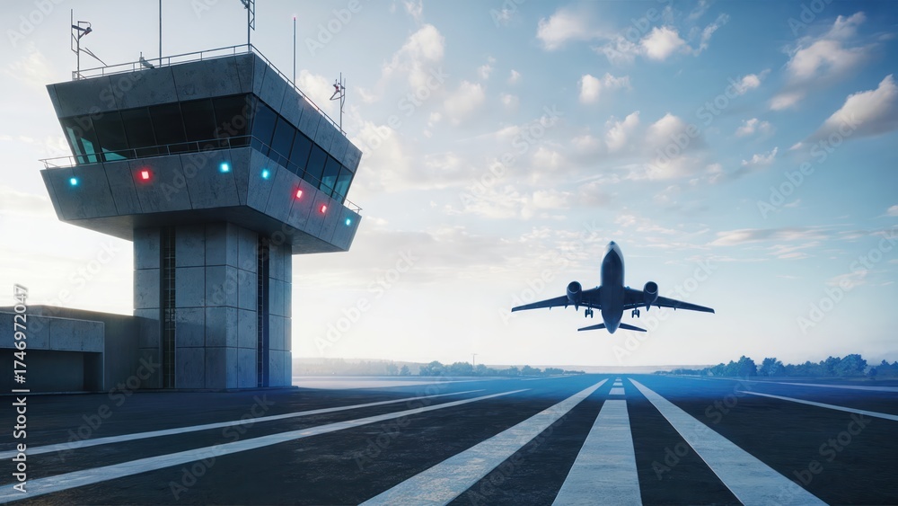 Fototapeta premium Airplane taking off from the runway near the air traffic control tower under a cloudy blue sky view point