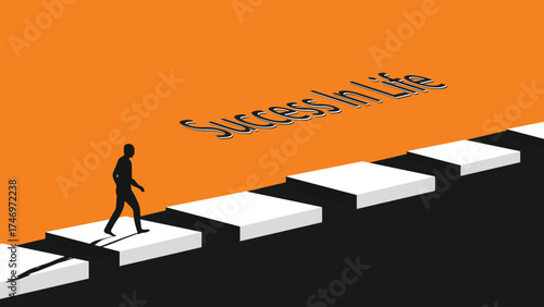 Vector art of silhouette of a person walking up a staircase towards success, symbolizing ambition and achievement