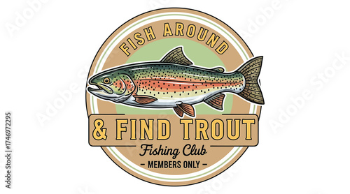 Vector art of vintage fishing club logo with trout fish design element for fishing tournaments, outdoor recreation, and angling gear features a detailed illustration of a trout