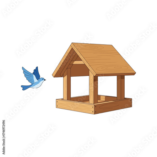 Wooden bird feeder with blue bird flying towards it in clear isolation vector
